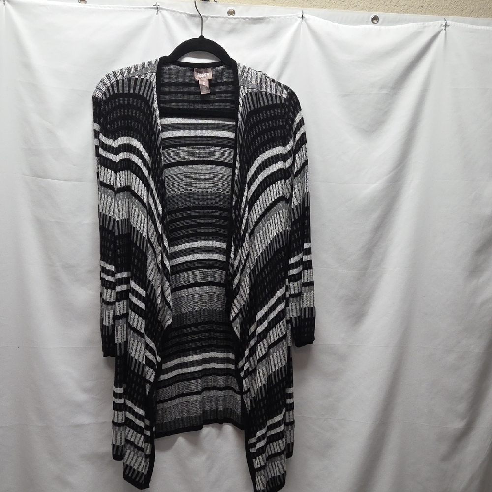 Chicos Geometric Black Gray Silver Open Cardigan Size 3